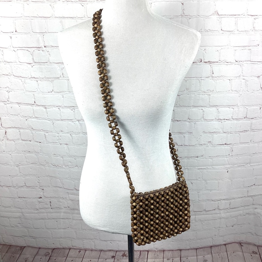 Wooden Beaded Crossbody Purse Hippie‎ Boho Brown Earthy Granola Zip Closure
